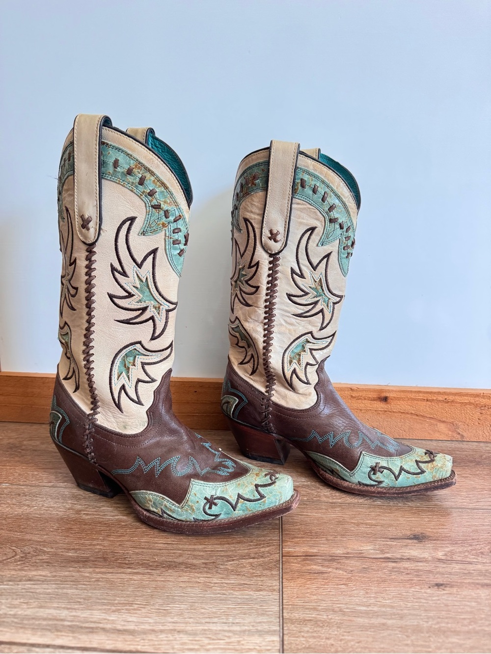 Tony Lama Brown, Cream & Turquoise Embroidered Western Heeled Boots